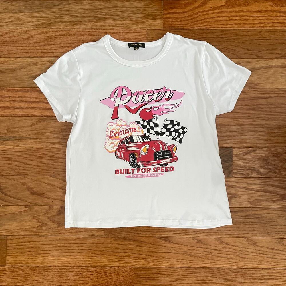 Ruby & Lace White Racer Extreme Built For Speed Racing Graphic Car T-Shirt L